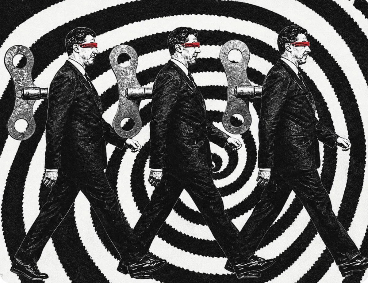 Three identical wind-up men in suits marching across a target